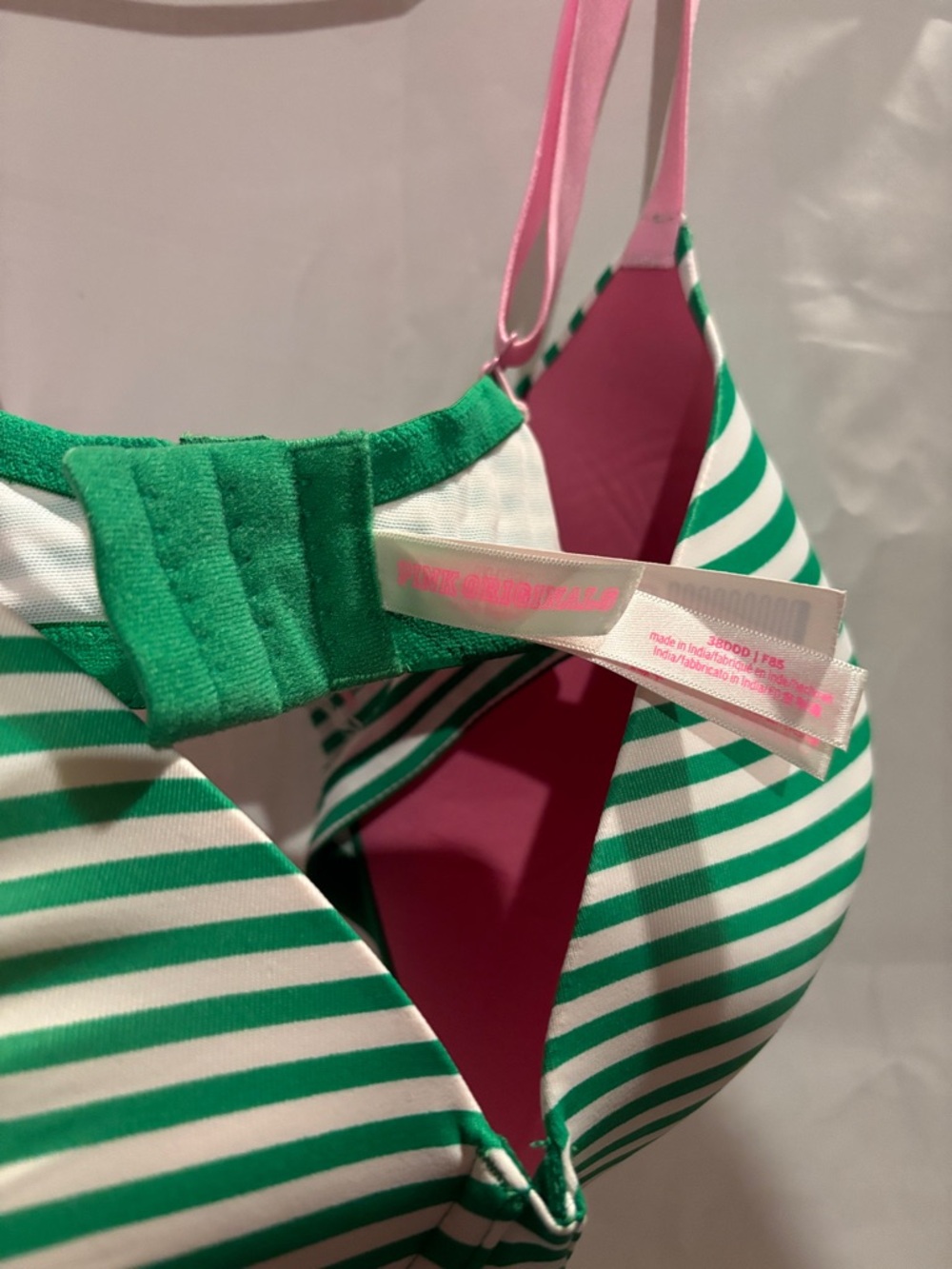 PINK Victoria's Secret Green & White Striped T-Shirt Bra with Pink Lining